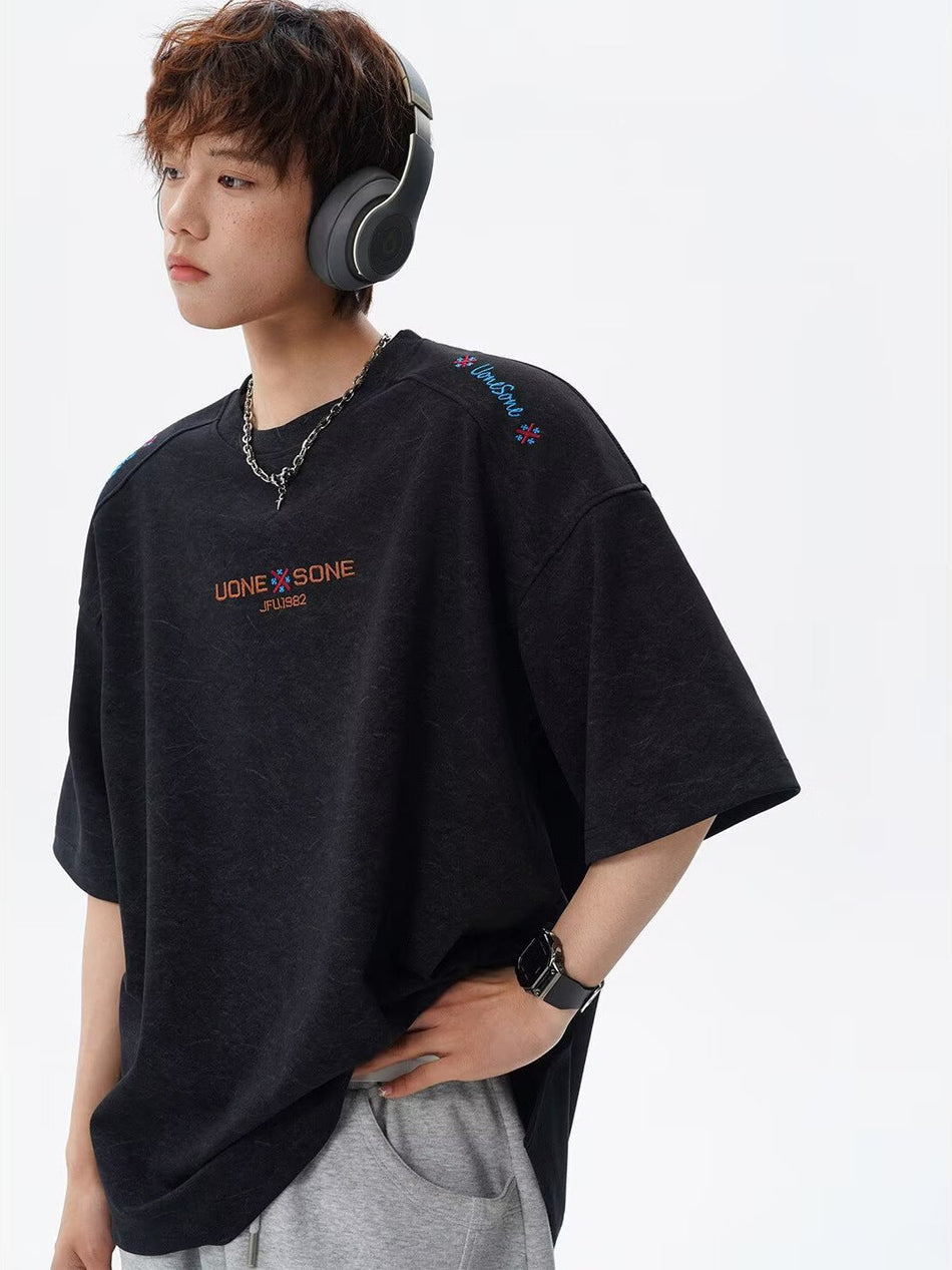 Men's Embroidered Stitch Detail Loose Fit T-Shirt