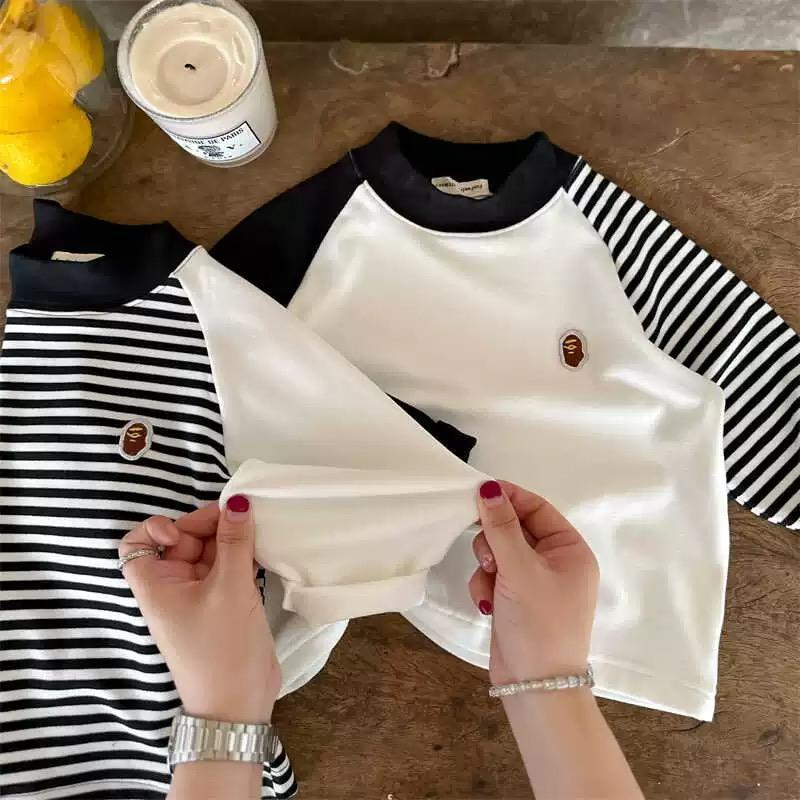 Kids Velvet Striped Long Sleeve Base Shirt Winter High Neck Top