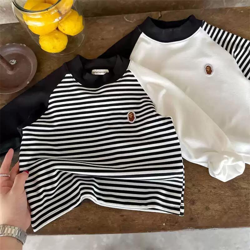 Kids Velvet Striped Long Sleeve Base Shirt Winter High Neck Top