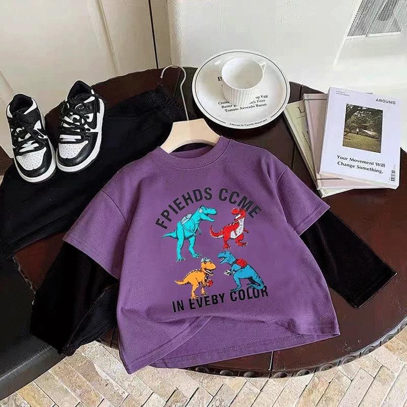 Kids Cotton Dinosaur Color Block Fake Two-Piece Long Sleeve