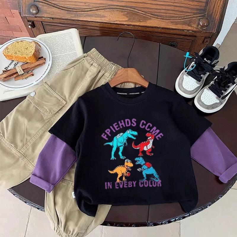 Kids Cotton Dinosaur Color Block Fake Two-Piece Long Sleeve