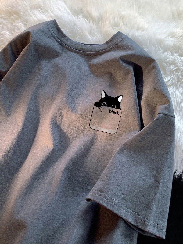Men's Kitten Print Loose Fit Casual T-Shirt