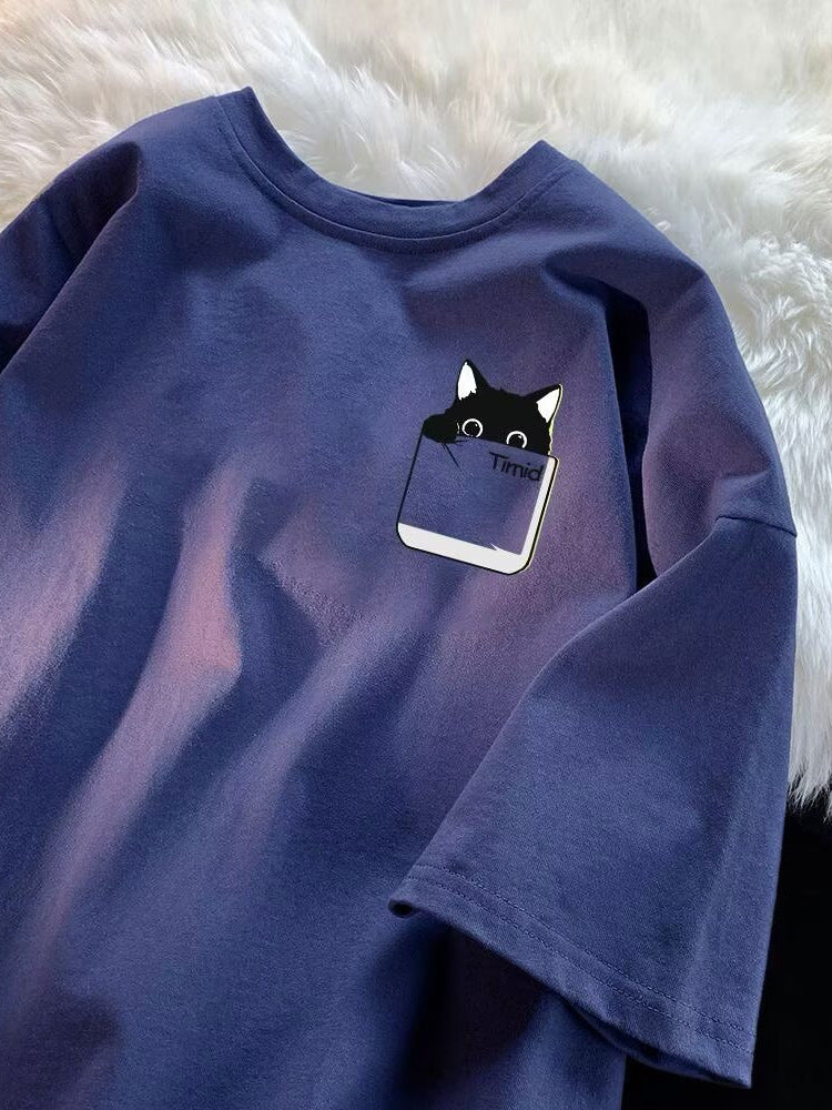 Men's Kitten Print Loose Fit Casual T-Shirt