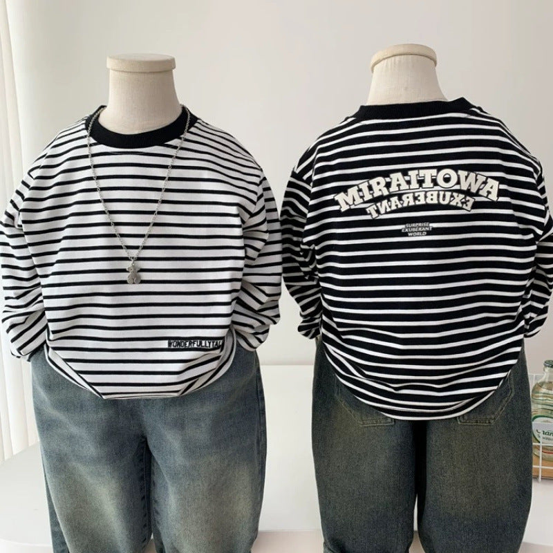 Kids Cotton Striped Long Sleeve T-Shirt Casual Letter Base Top
