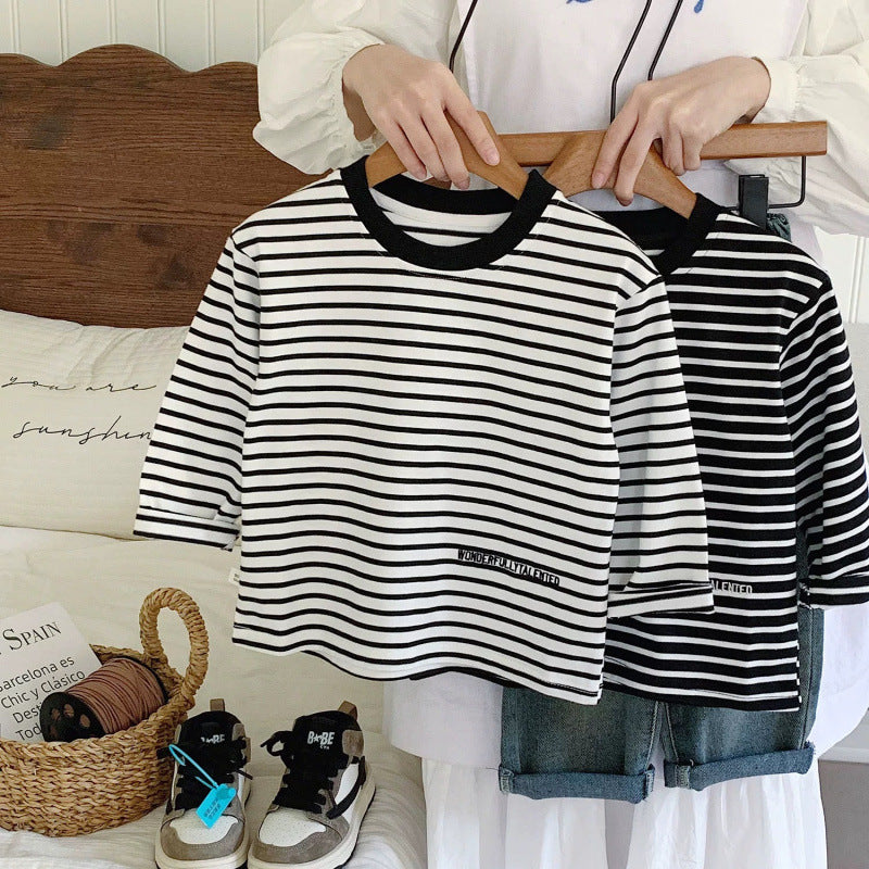 Kids Cotton Striped Long Sleeve T-Shirt Casual Letter Base Top