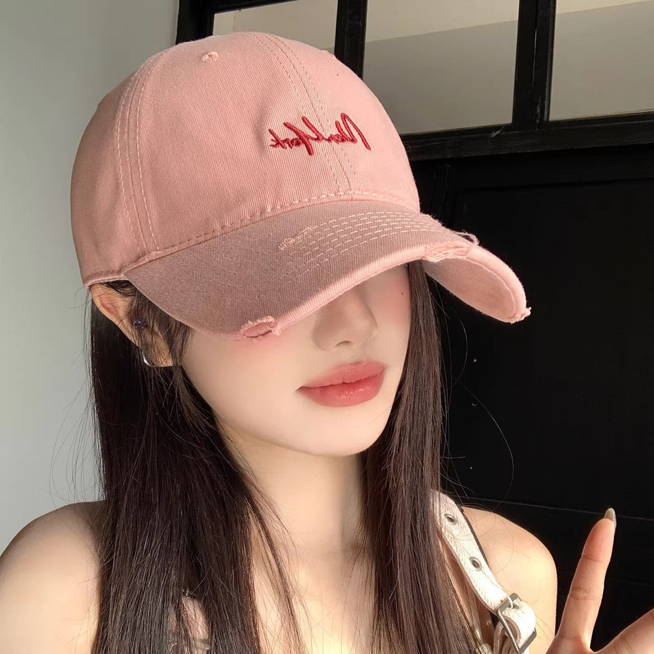 Distressed Embroidery Wide Brim Baseball Cap for Women