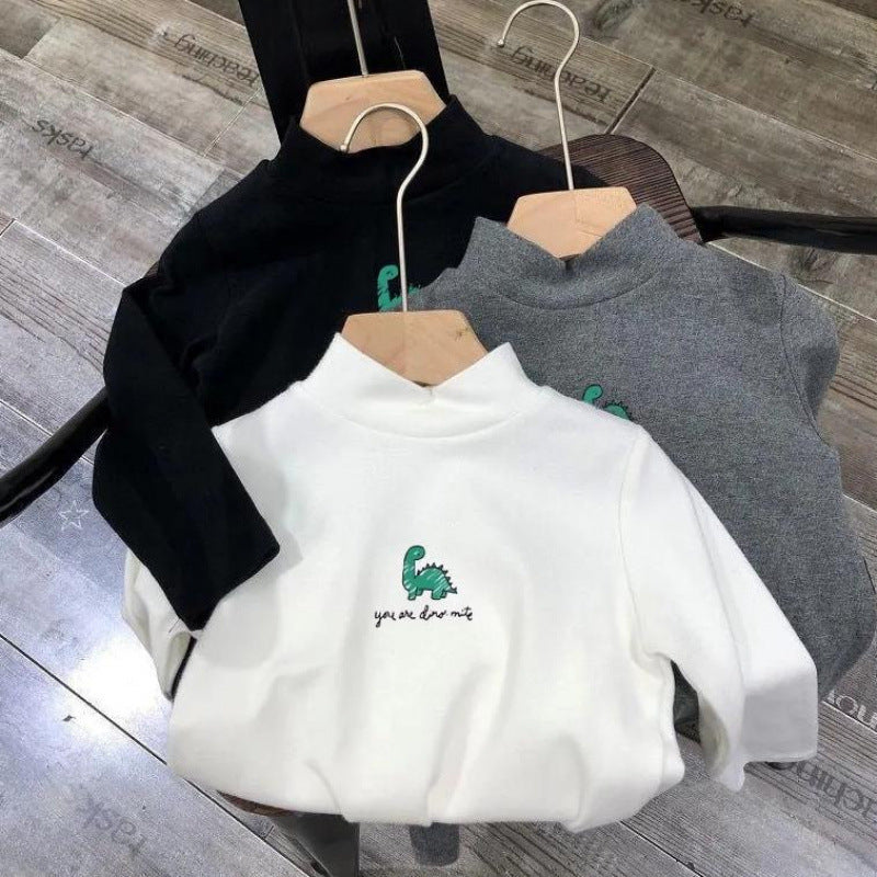 Kids Velvet Dinosaur High Collar Long Sleeve Base Shirt Warm Top