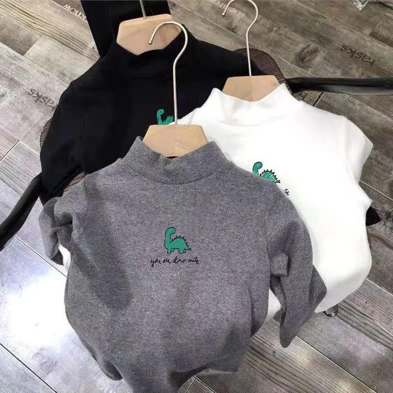 Kids Velvet Dinosaur High Collar Long Sleeve Base Shirt Warm Top