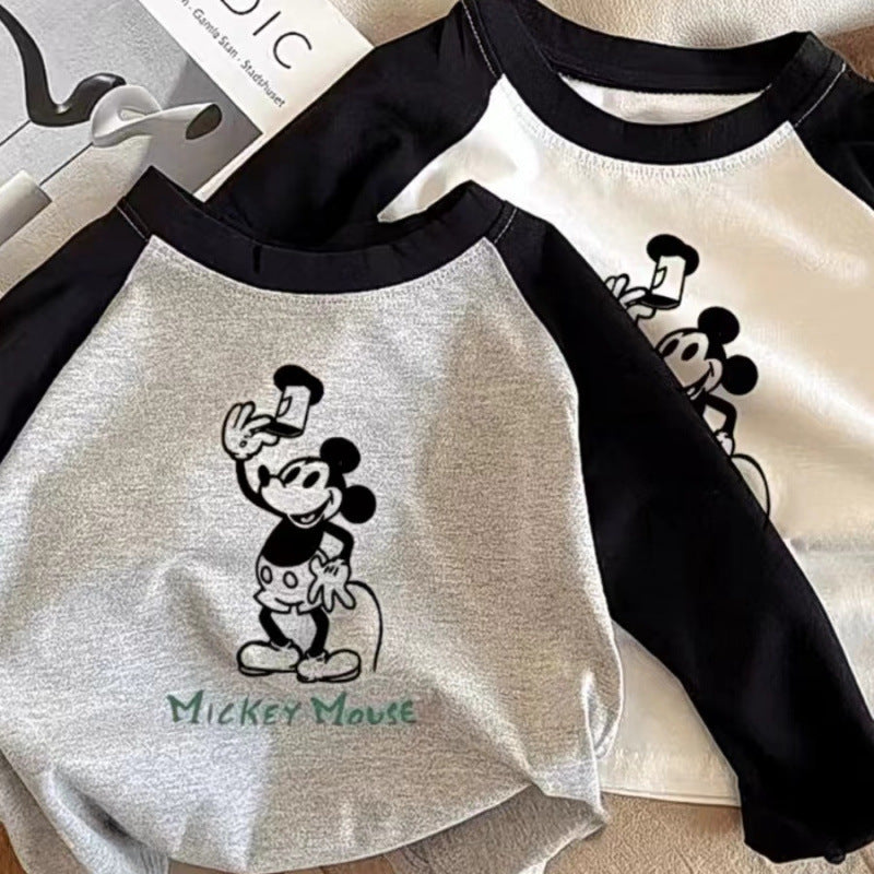 Kids Cotton Colorblock Mickey Long Sleeve T-Shirt Casual Top