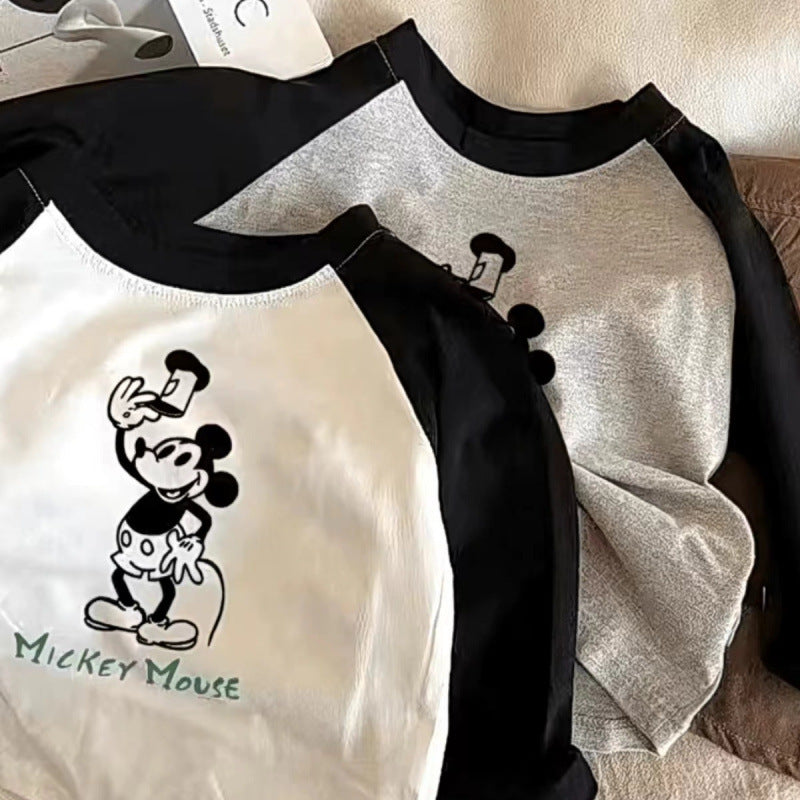 Kids Cotton Colorblock Mickey Long Sleeve T-Shirt Casual Top