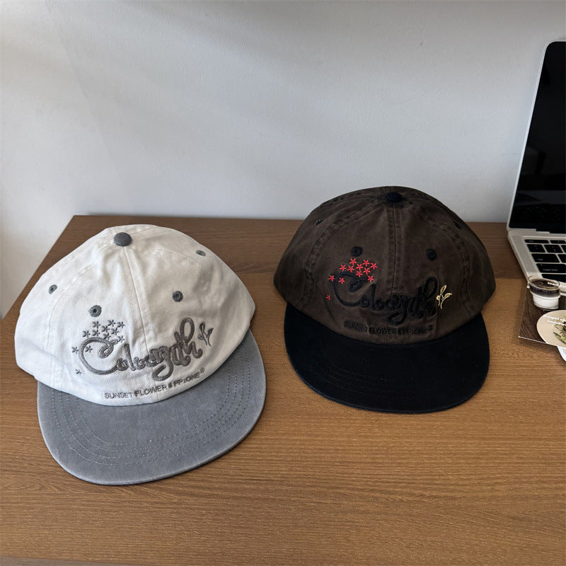 Color Block Embroidered Soft Top Baseball Cap Korean Style
