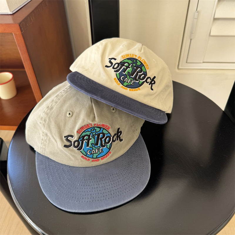 Retro Color Block Embroidered Flat Brim Baseball Cap Unisex