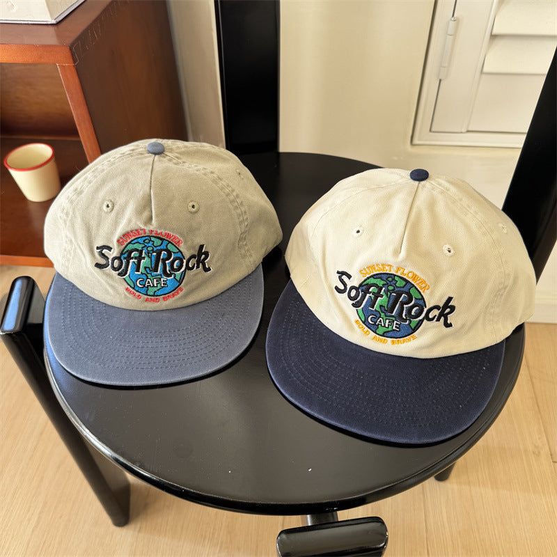 Retro Color Block Embroidered Flat Brim Baseball Cap Unisex