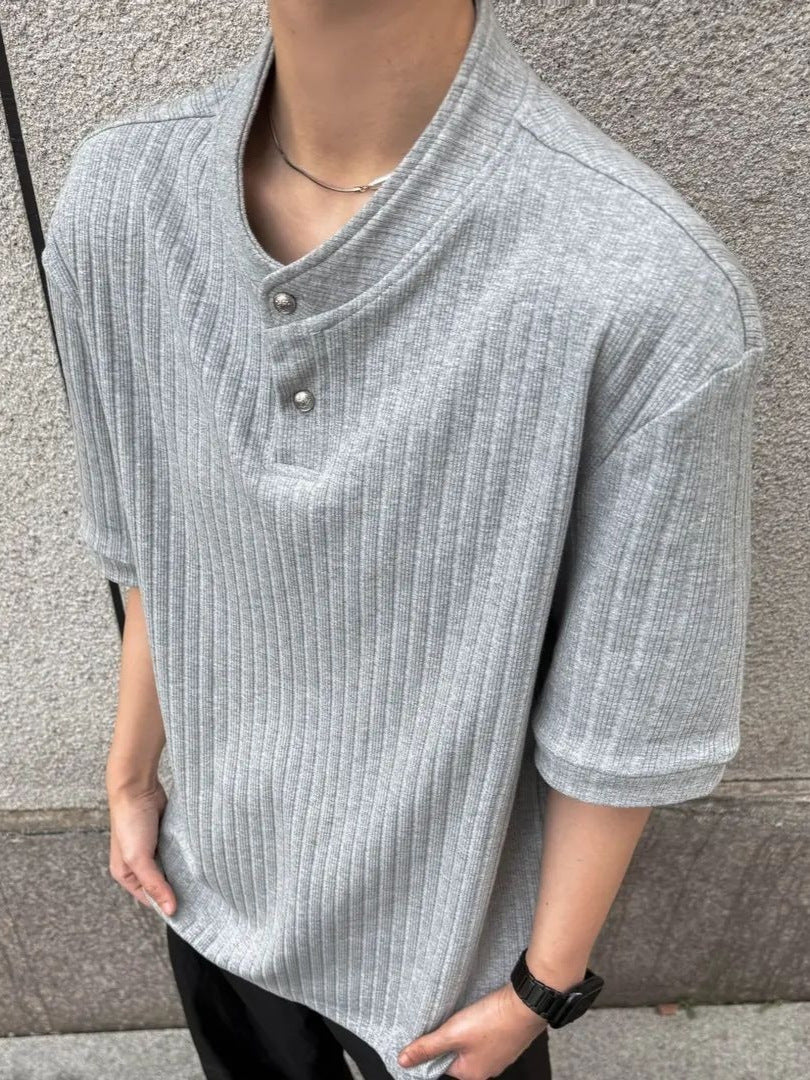 Men's Knitted Henley Collar Textured Casual T-Shirt