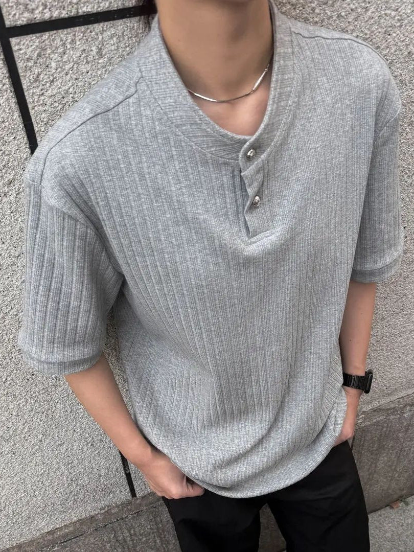 Men's Knitted Henley Collar Textured Casual T-Shirt