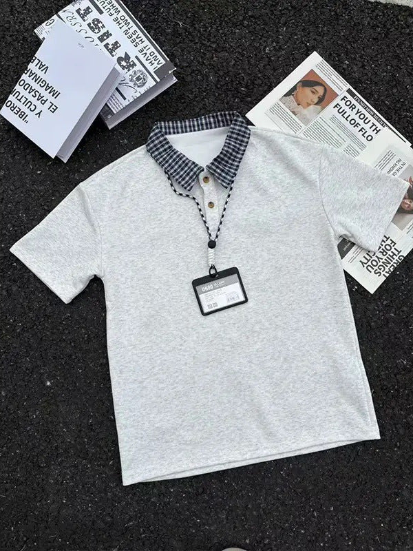 Men's Patchwork Plaid Collar Polo T-Shirt