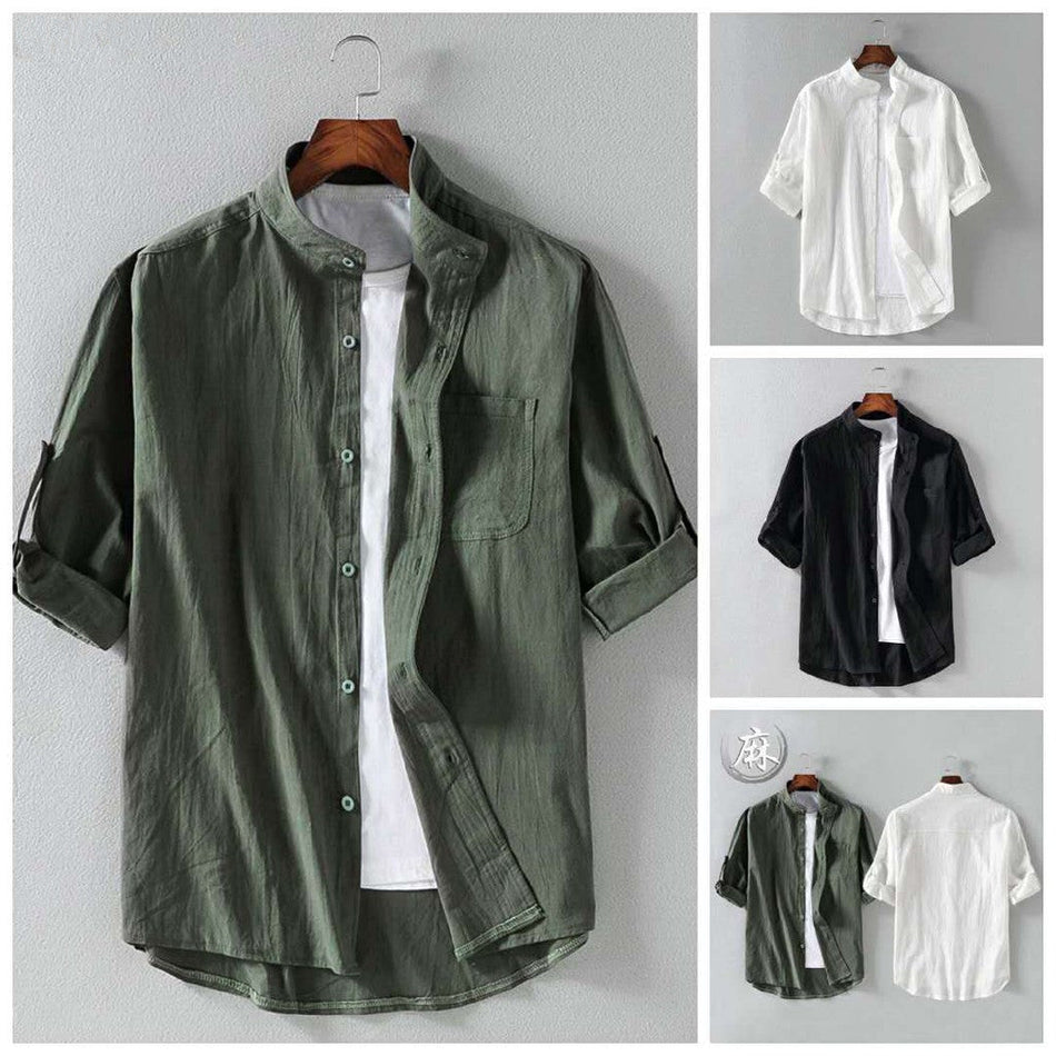 Men's Linen Cotton Stand Collar Short Sleeve Shirt