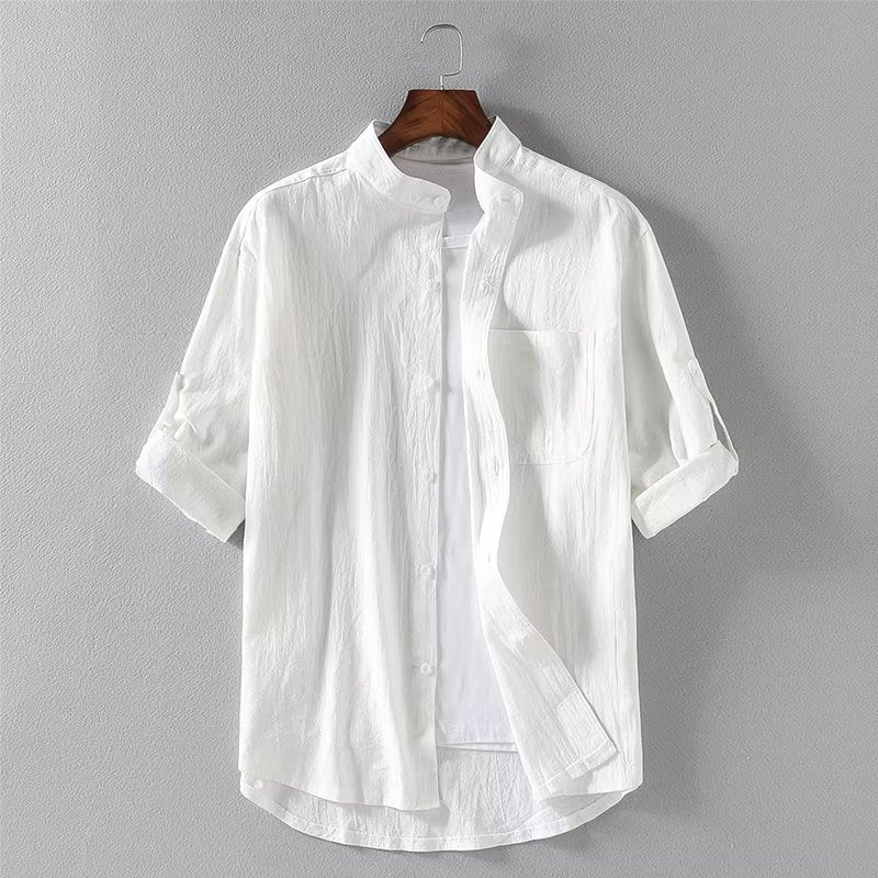 Men's Linen Cotton Stand Collar Short Sleeve Shirt