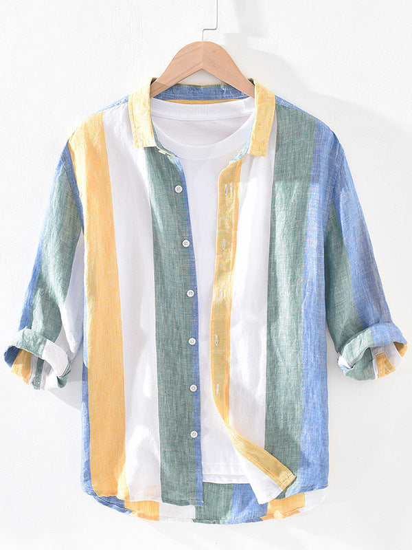 Men's Striped Linen Loose Fit Mid Sleeve Shirt