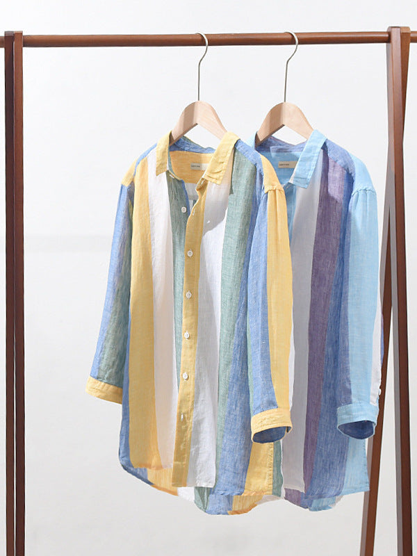 Men's Striped Linen Loose Fit Mid Sleeve Shirt