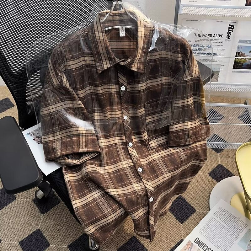 Men's Plaid Loose Fit Retro Short Sleeve Shirt