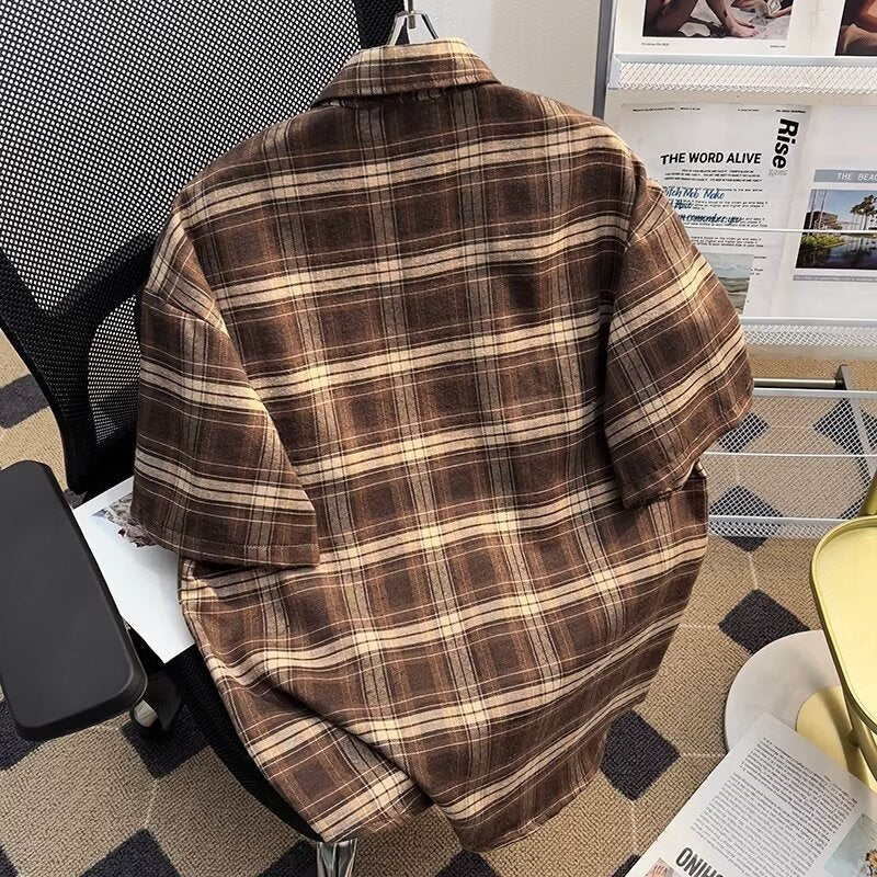 Men's Plaid Loose Fit Retro Short Sleeve Shirt