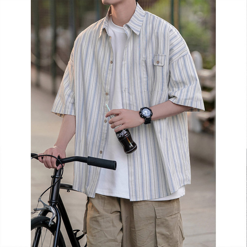 Men's Japanese Style Striped Short Sleeve Shirt Jacket