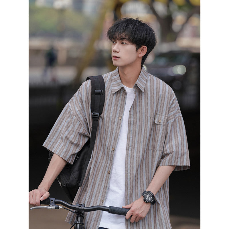 Men's Japanese Style Striped Short Sleeve Shirt Jacket