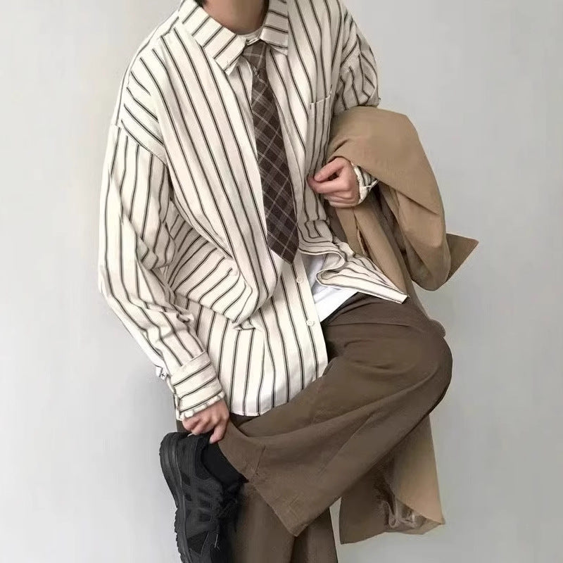 Men's Neutral Striped Long Sleeve Casual Shirt