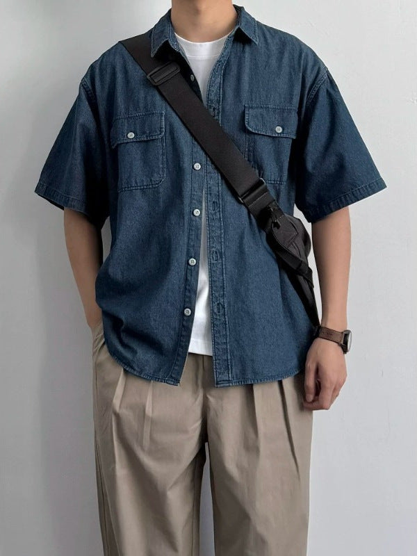 Men's Retro Solid Color Denim Short Sleeve Shirt