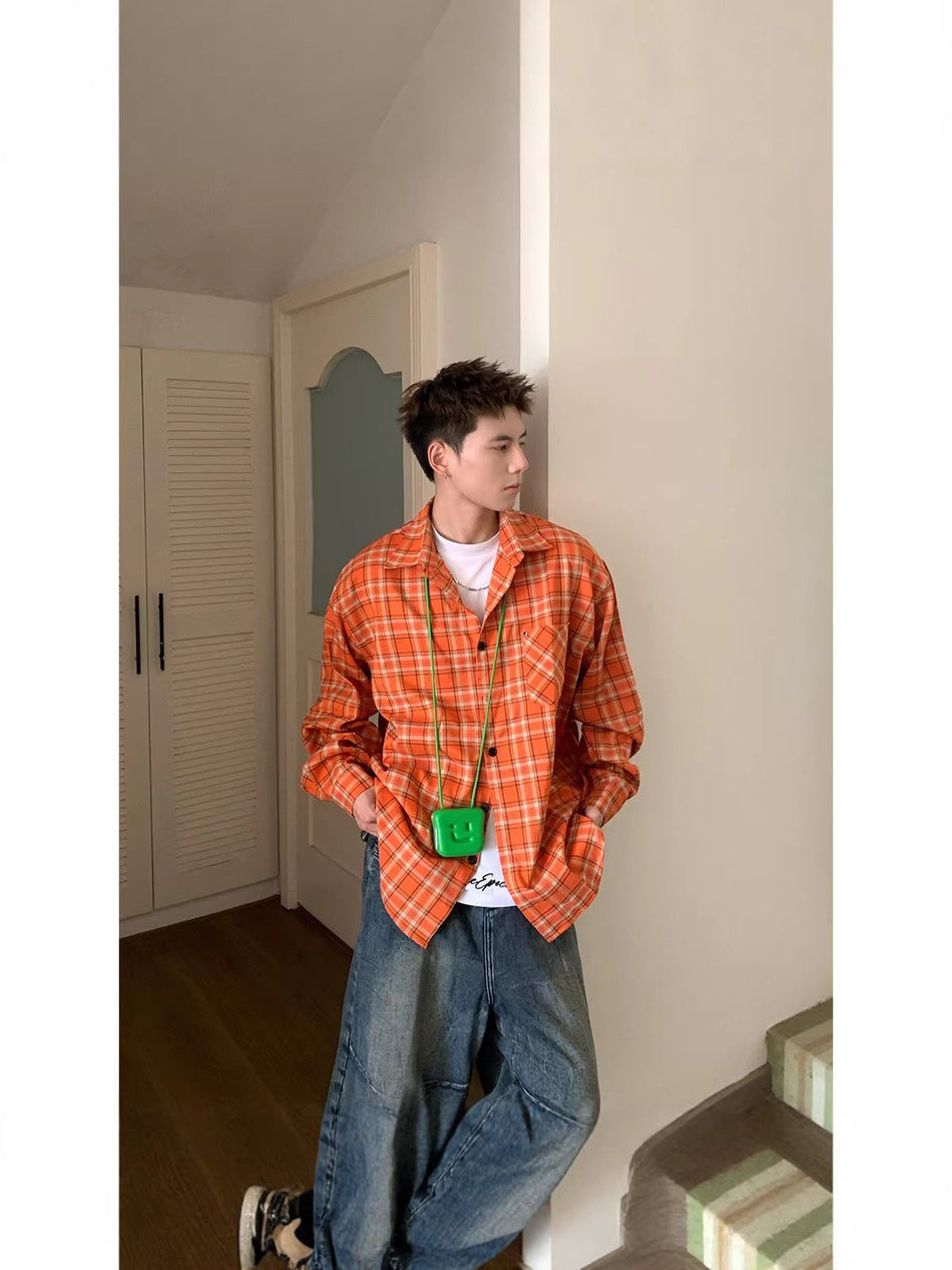Men's Orange Plaid Loose Fit Retro Shirt Jacket