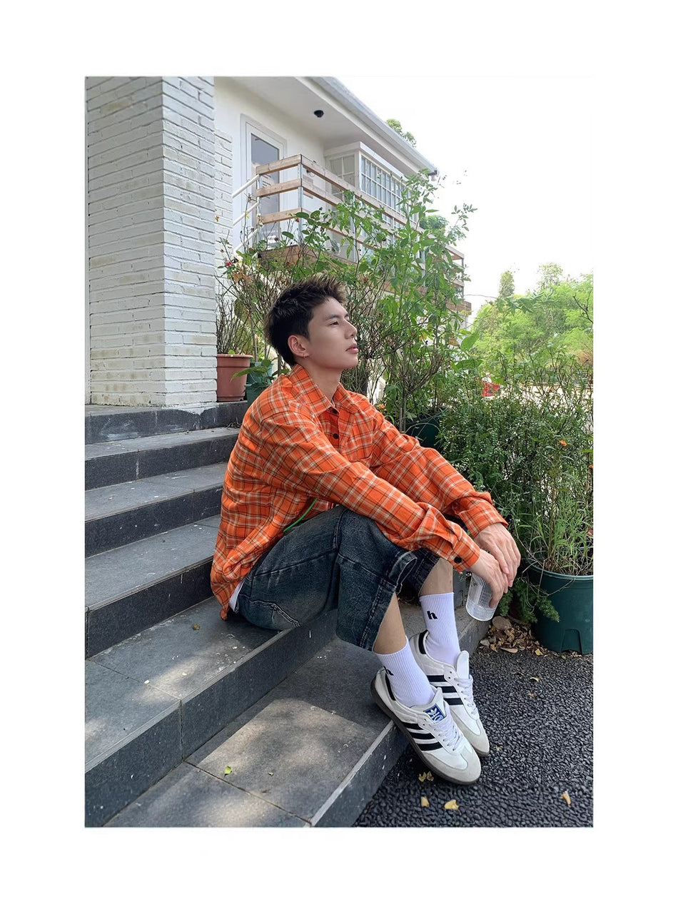 Men's Orange Plaid Loose Fit Retro Shirt Jacket