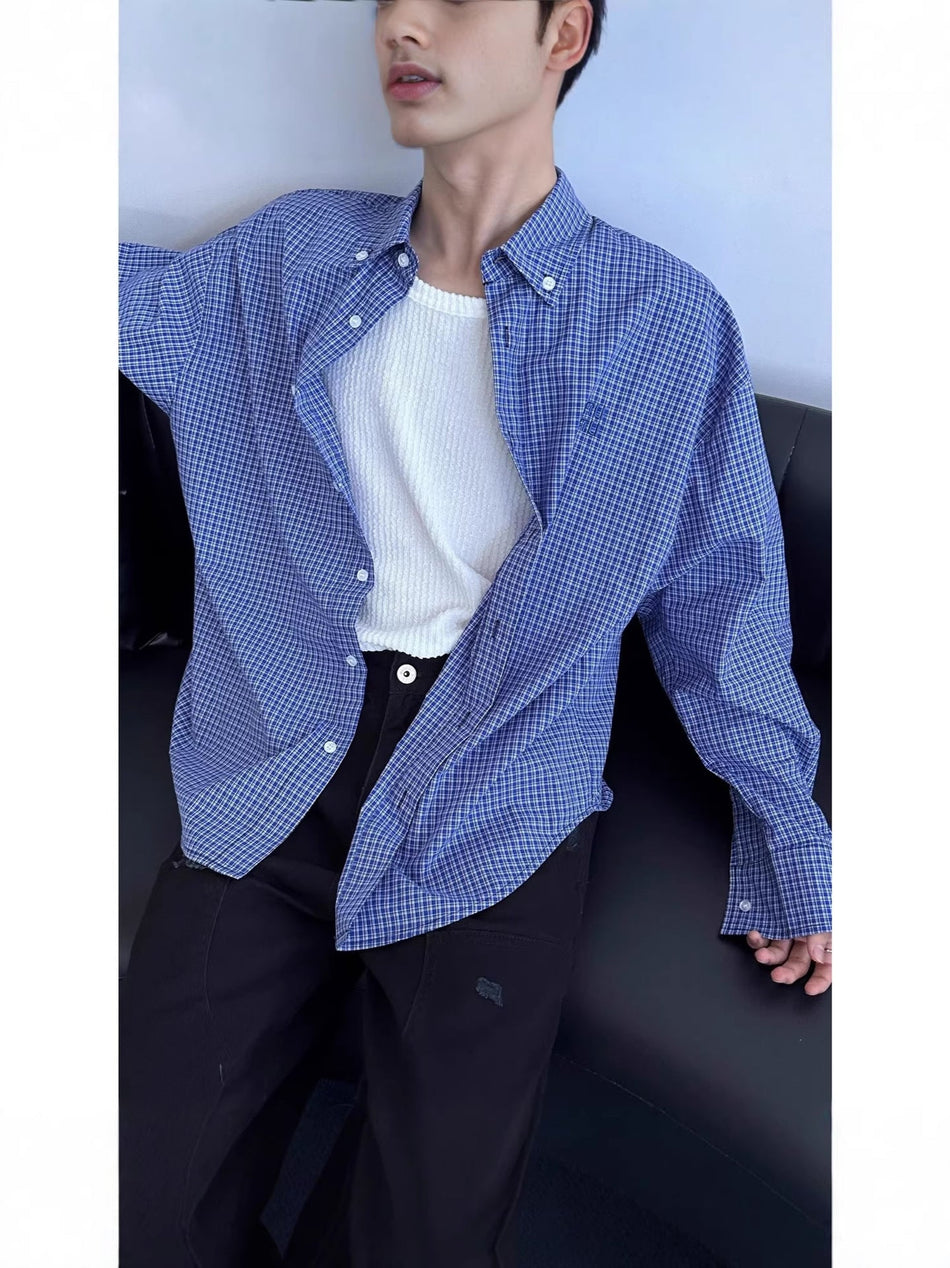 Men's Blue Retro Plaid Loose Fit Casual Shirt