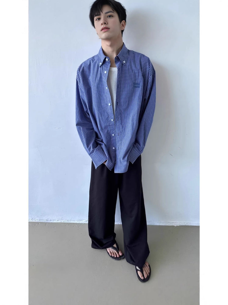 Men's Blue Retro Plaid Loose Fit Casual Shirt
