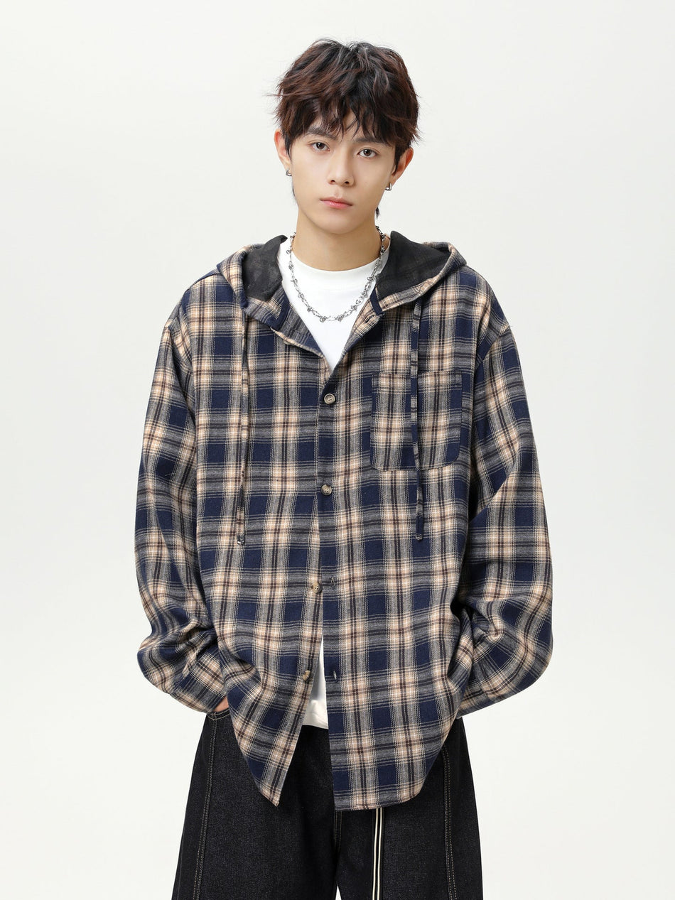 Men's Contrast Plaid Hooded Shirt Jacket