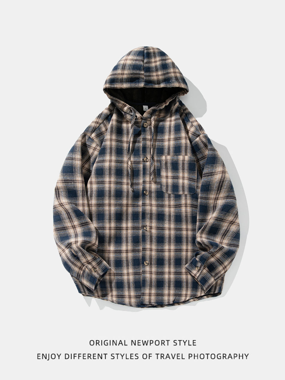 Men's Contrast Plaid Hooded Shirt Jacket