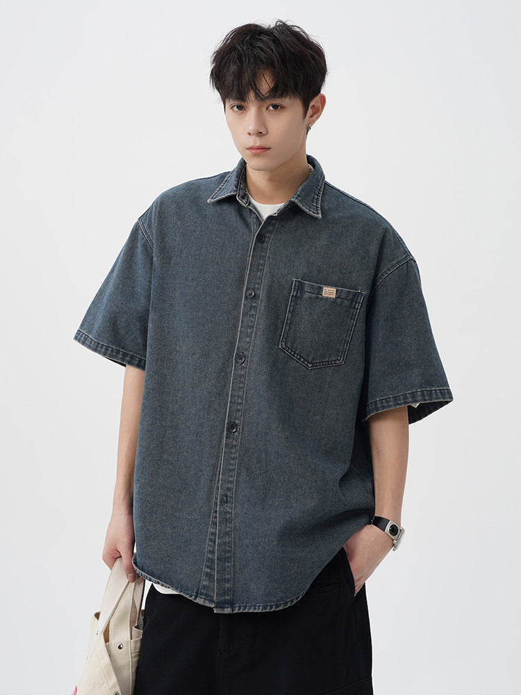 Unisex Washed Denim Loose Fit Short Sleeve Shirt