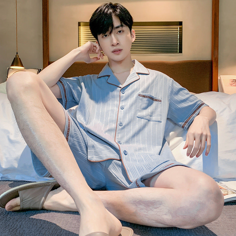 Men's Cotton Short Sleeve Pajama Set with Long Pants