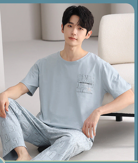 Men's Cotton Short Sleeve Pajama Set with Trousers