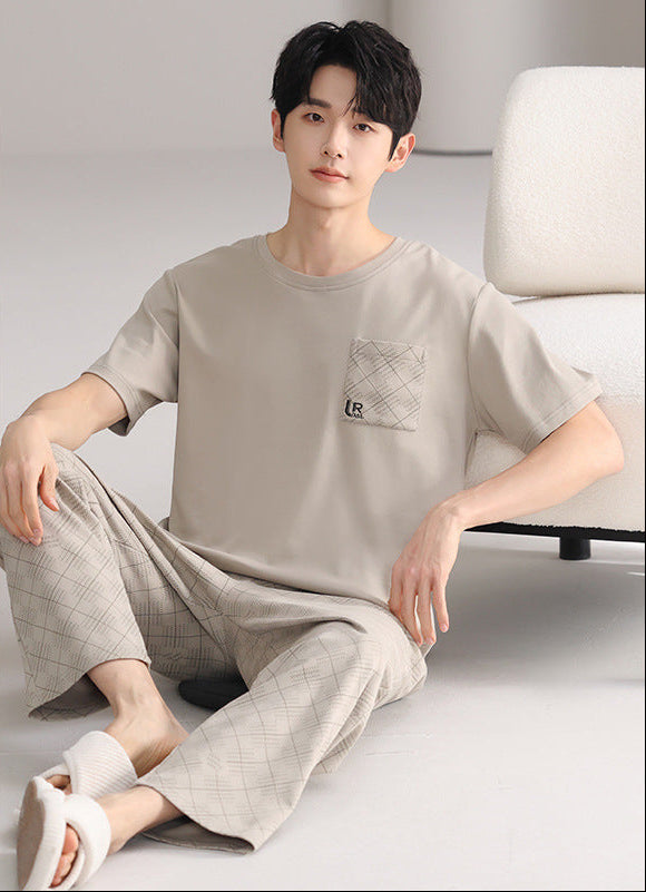 Men's Cotton Short Sleeve Pajama Set with Trousers