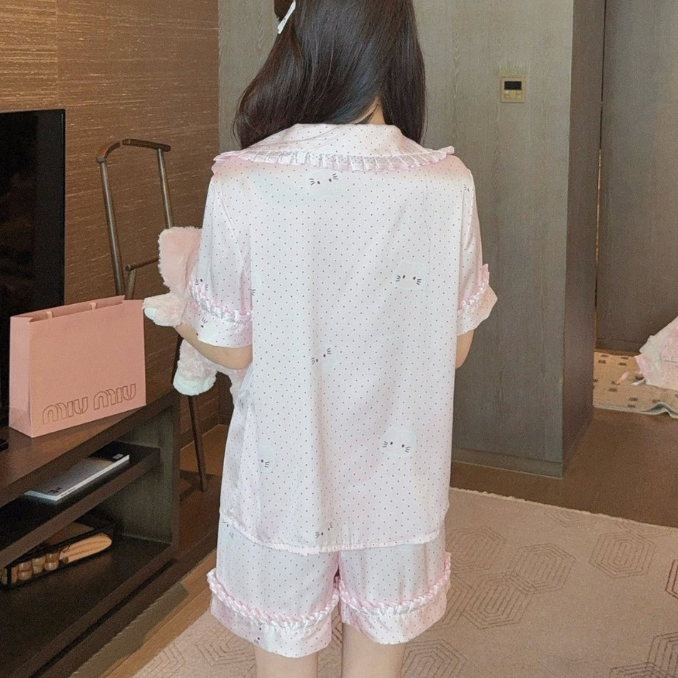 Women's Ice Silk Polka Dot Cartoon Pajama Set