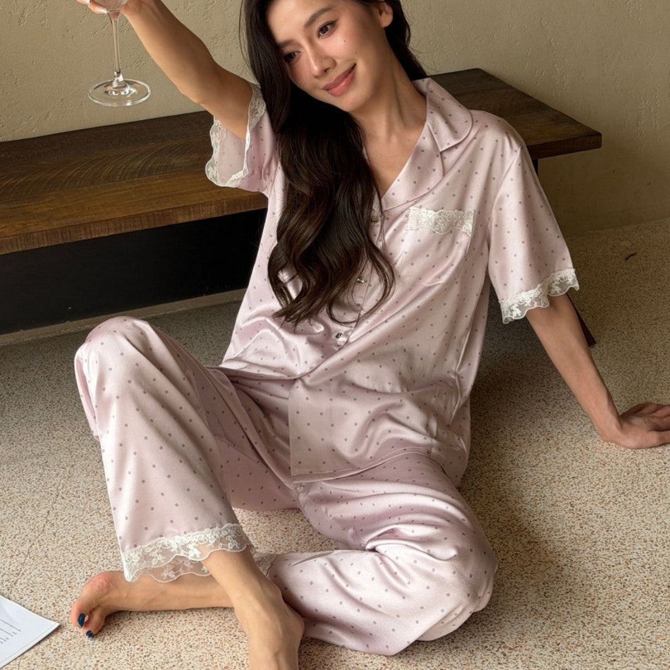 Women's Ice Silk Polka Dot Short Sleeve Pajama Set