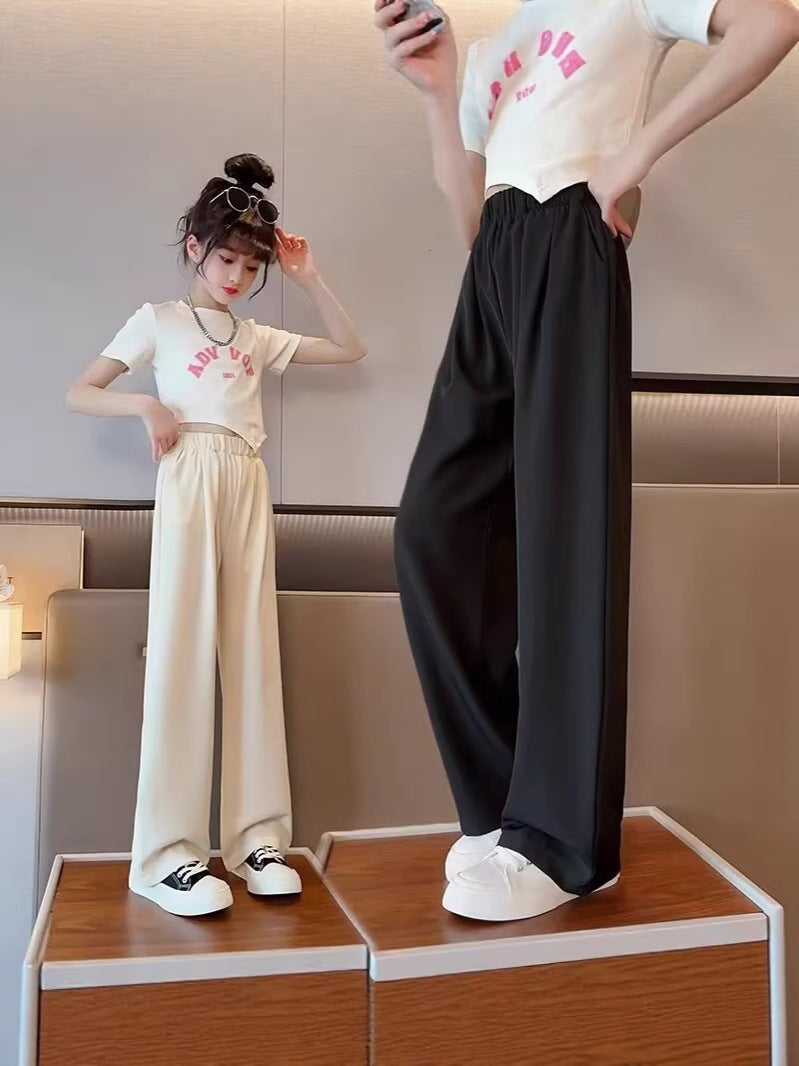 Girls Ice Silk Summer Wide-Leg Pants Casual Lightweight Trousers