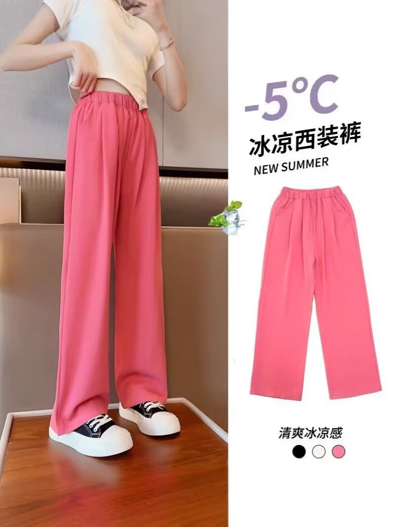Girls Ice Silk Summer Wide-Leg Pants Casual Lightweight Trousers