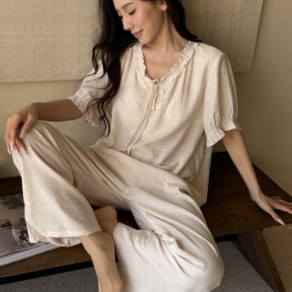 Women's Lace Trim Short Sleeve Pajama Set with Pants