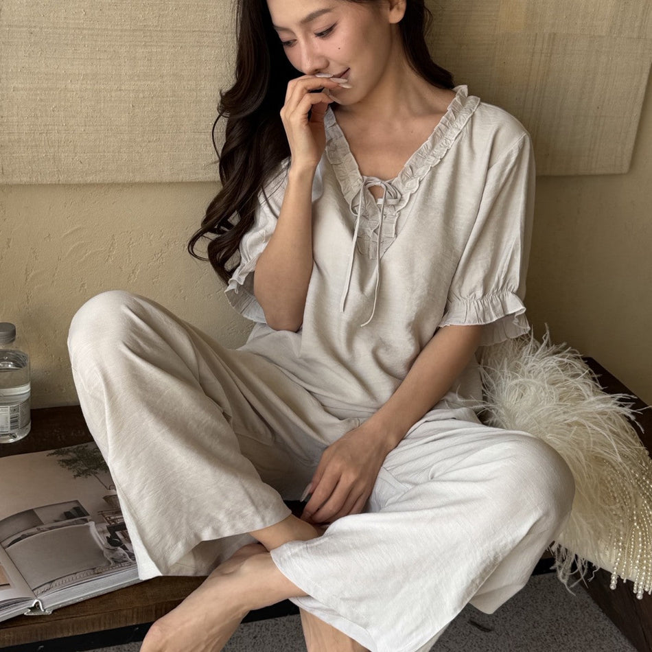 Women's Lace Trim Short Sleeve Pajama Set with Pants