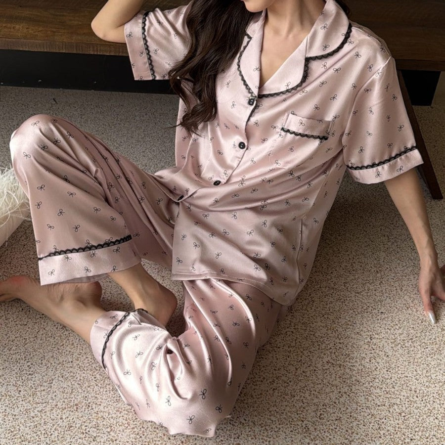 Women's Ice Silk Printed Cardigan Pajama Set