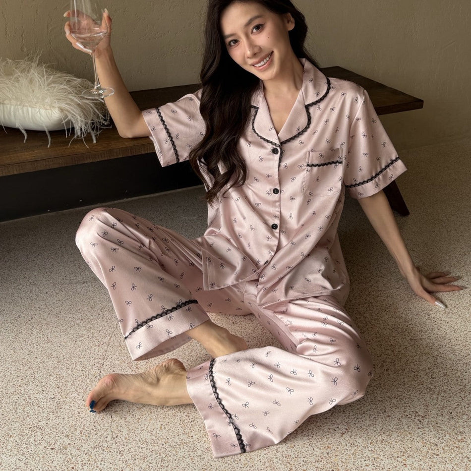 Women's Ice Silk Printed Cardigan Pajama Set