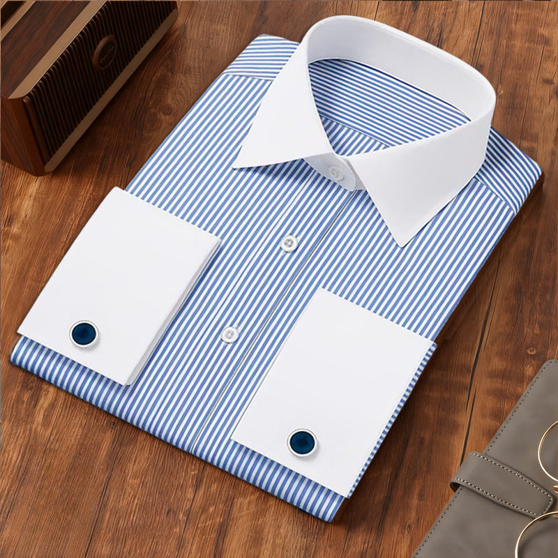 Men's Blue Striped French Cuff Long Sleeve Shirt