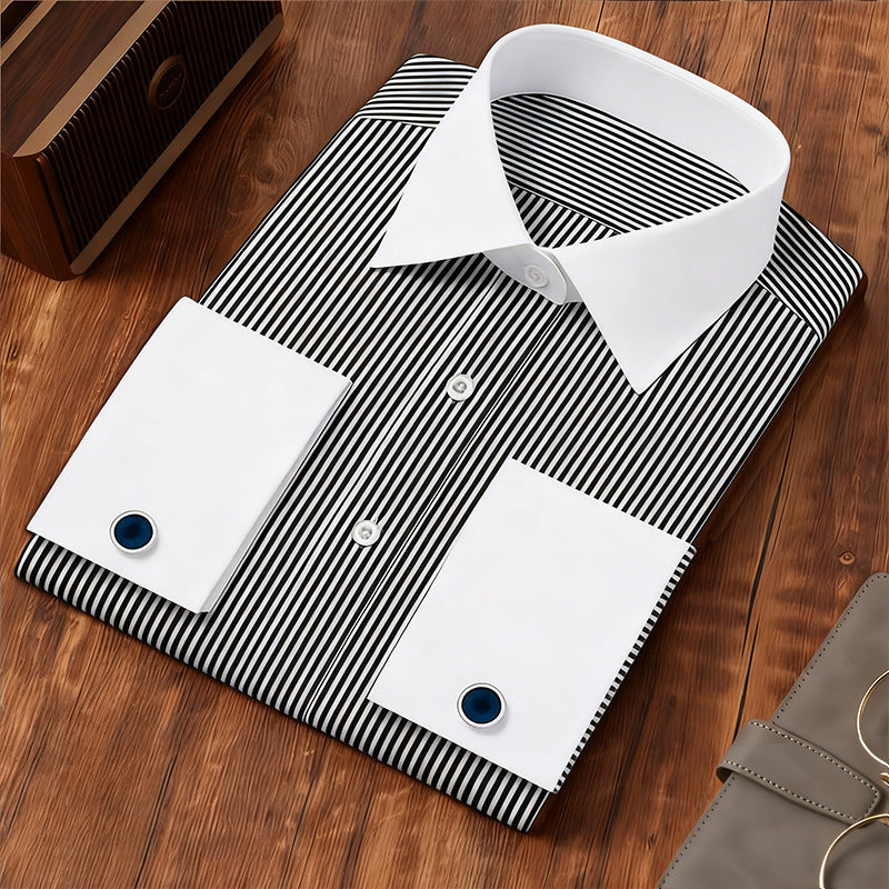 Men's Blue Striped French Cuff Long Sleeve Shirt